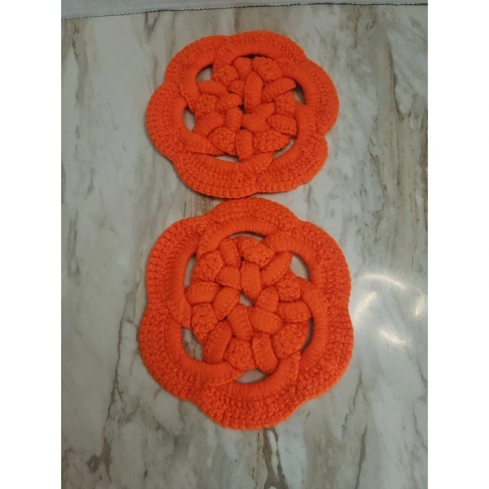 Handmade Celtic Knot Crochet Trivet Hot Pads Set Of 2 Orange  Vintage